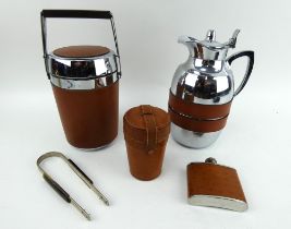 Matching mid-century chrome and leather ice bucket and jug, hunting cups and similar hip flask.