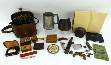 Mixed collectables including telescope, WW1 Brooks binoculars, folding knife, hoof desk weight, etc