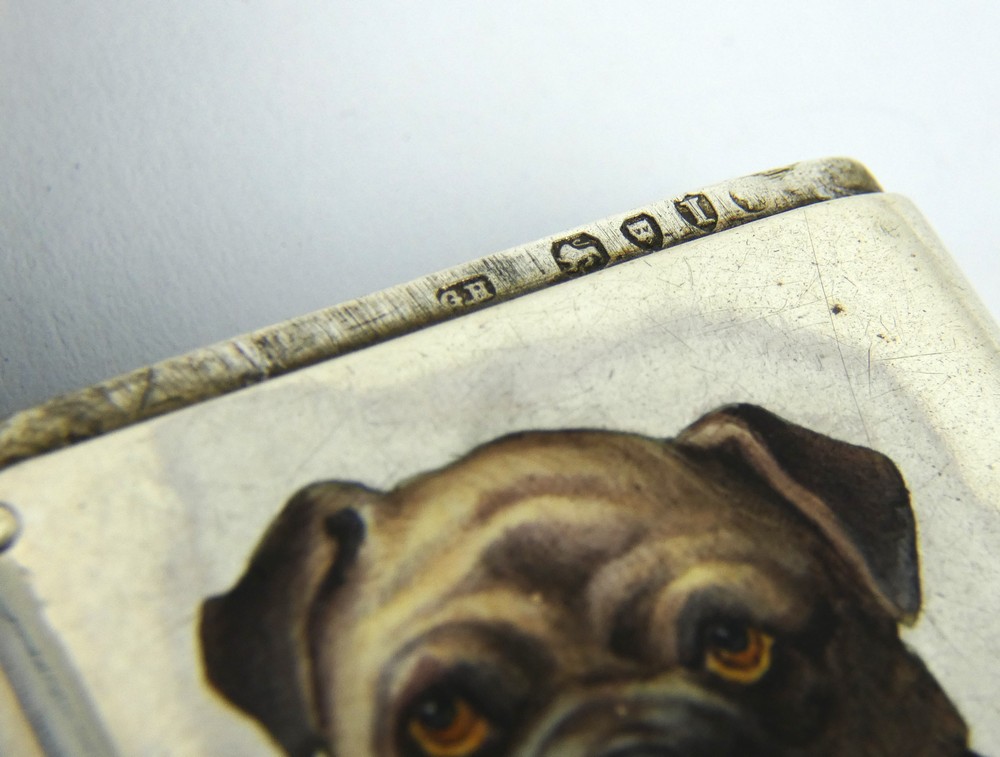 A Victorian Enamelled silver vesta case with pug dog portrait, hallmarked London 1884, George Heath. - Image 4 of 4