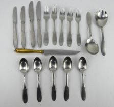 A quantity of Georg Jensen stainless steel MITRA cutlery and a gilt handled carving knife. 17 pieces