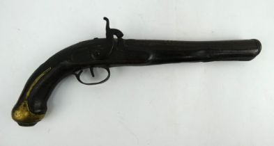 A 19th century percussion pistol with chased flared barrel and plain brass butt cap. Length 41cm.