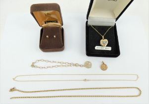 Mixed 9ct gold jewellery including a St Christopher, heart locket, diamond stud earrings, bracelet &