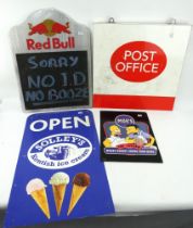 Four vintage signs including Post Office, Red Bull, Solleys Kentish ice cream & Moe's Bar.