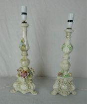 Two similar continental majolica pottery lamps, each decorated with applied flowers. Tallest 75cm