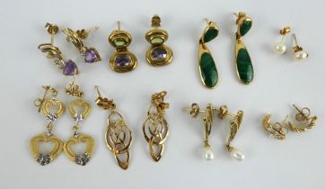 Eight pairs of mainly gold marked earrings including pearl, malachite and amethyst. Gross weight 21g