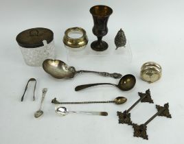 Mixed mainly silver items to include a goblet, yo-yo, George III ladle, decanter, preserve jar etc