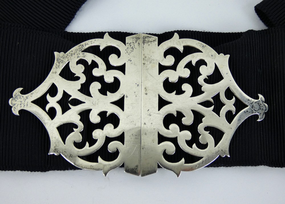 Victorian pierced silver nurses buckle on later belt. Hallmarked for London 1898, maker FG. - Image 2 of 4