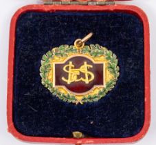 A 9ct gold and enamel Horticultural medallion, comprising a red enamel centre with HSS