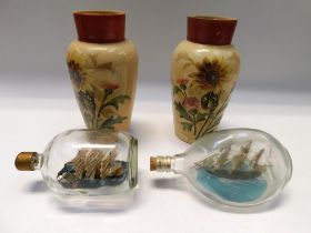 Pair of late 19th century vaseline glass hand painted vases, along with two ships in bottles (4)