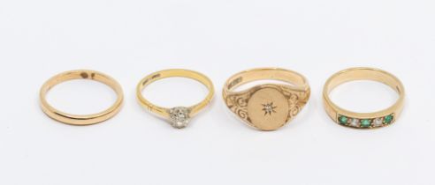 A collection of stone set gold rings to include a diamond and 18ct gold solitaire ring, diamond