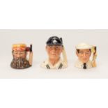 Cricket Interest: Three Royal Doulton medium sized character jugs to include:  1. Dickie Bird M.B.E,