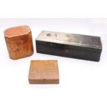 A small quantity of treen boxes to include; a satinwood pokerwork tea caddy with zinc liner, a