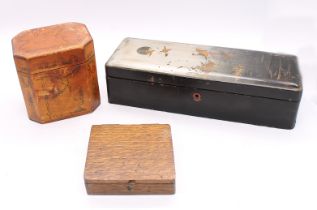 A small quantity of treen boxes to include; a satinwood pokerwork tea caddy with zinc liner, a