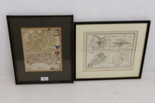 18th century framed hand tinted map of Surrey and Sussex c. 1785, along with a 19th century map of