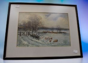 Pair of mid 20th century water colours of winter county scenes by F.G. Mapley 33cm x 23cm