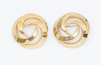 A pair of 9ct gold matching brooches, comprising hollow circular form with entwined crescents,