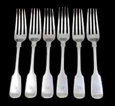 A set of six Victorian silver fiddle pattern table forks, each engraved K to handle, hallmarked by