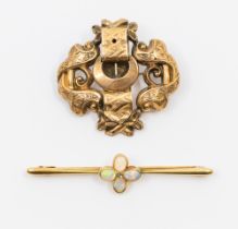 An opal and diamond bar brooch, comprising  four oval cabochon opals set in a flower motif