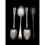 A George II silver mote spoon with pierced bowl and thin long stem and terminal, hallmarked by