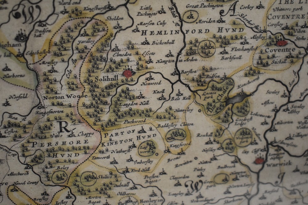 Blaeu, Joan. 17th-century map of Worcestershire & Warwickshire, hand-coloured copper engraving on - Image 3 of 4