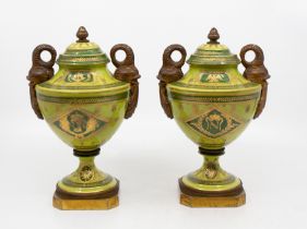 Pair of 19th century green ground porcelain and bronze mantle vases with lids. Dolphin and classical