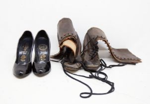 A pair of dark brown Edwardian boots, lace up to knees with a stack heel, well worn, size 6 together