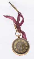 A ladies open faced 9ct gold pocket watch, comprising a gilt dial with Roman numeral indices,