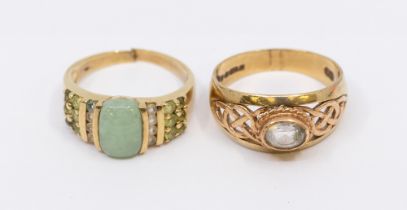 Two 9ct gold stone set dress rings, including a blue topaz set to a Celtic open work ring width