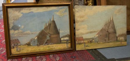Algernon Talmage RA - Two versions of 'Oasthouses' depiction in oil dated 1937 and other a framed