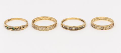 A collection of four stone set 9ct gold rings, to include a two diamond set matching Celtic bands,