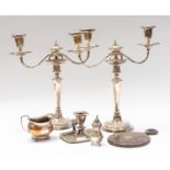 Two silver plated candelabra with fluted stems, candle holder, cream jug, etc. (6)