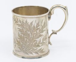 A Victorian Aesthetic silver christening cup, of drum form with stylised curved handle and chased