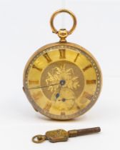 A 14ct gold gold open faced pocket watch, comprising a gilt dial, sub dial at 6, key wind, case