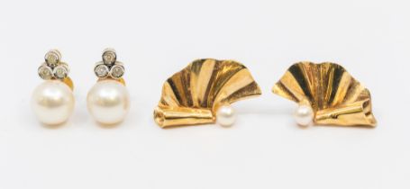 Two pairs of gold earrings, comprising a pair of cultured pearl and diamond set 9ct gold earrings,