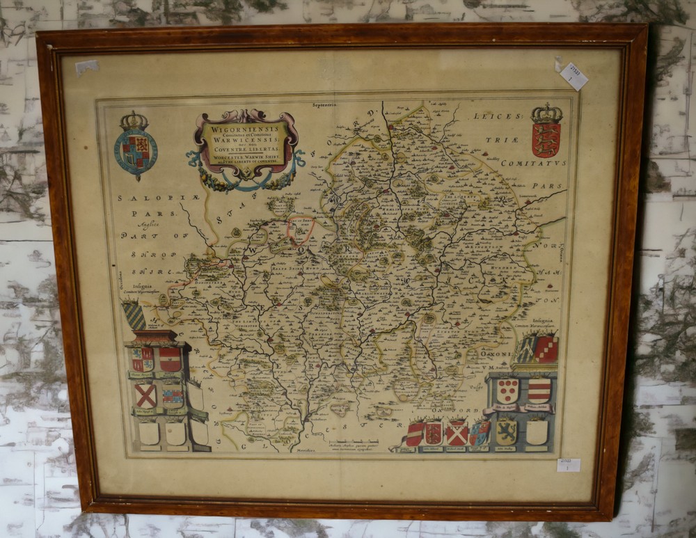 Blaeu, Joan. 17th-century map of Worcestershire & Warwickshire, hand-coloured copper engraving on