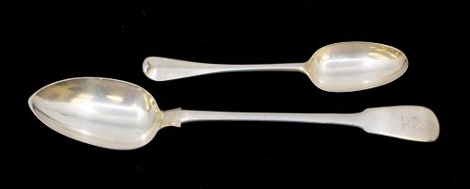 A George II Hanoverian silver dog nosed table spoon, engraved with a crest (lion) to reverse handle,