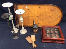 Collection of mixed items i.e. Bagatelle board, servant bells, German 19th century tankard, floor