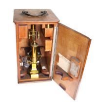 E.LEITZ WETZLAR  Late 19th century brass microscope in original mahogany case with brass swing carry