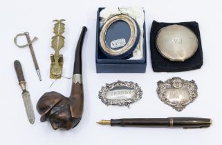 A small collection of silver items to include; a circular engine turned compact, mirror inside and