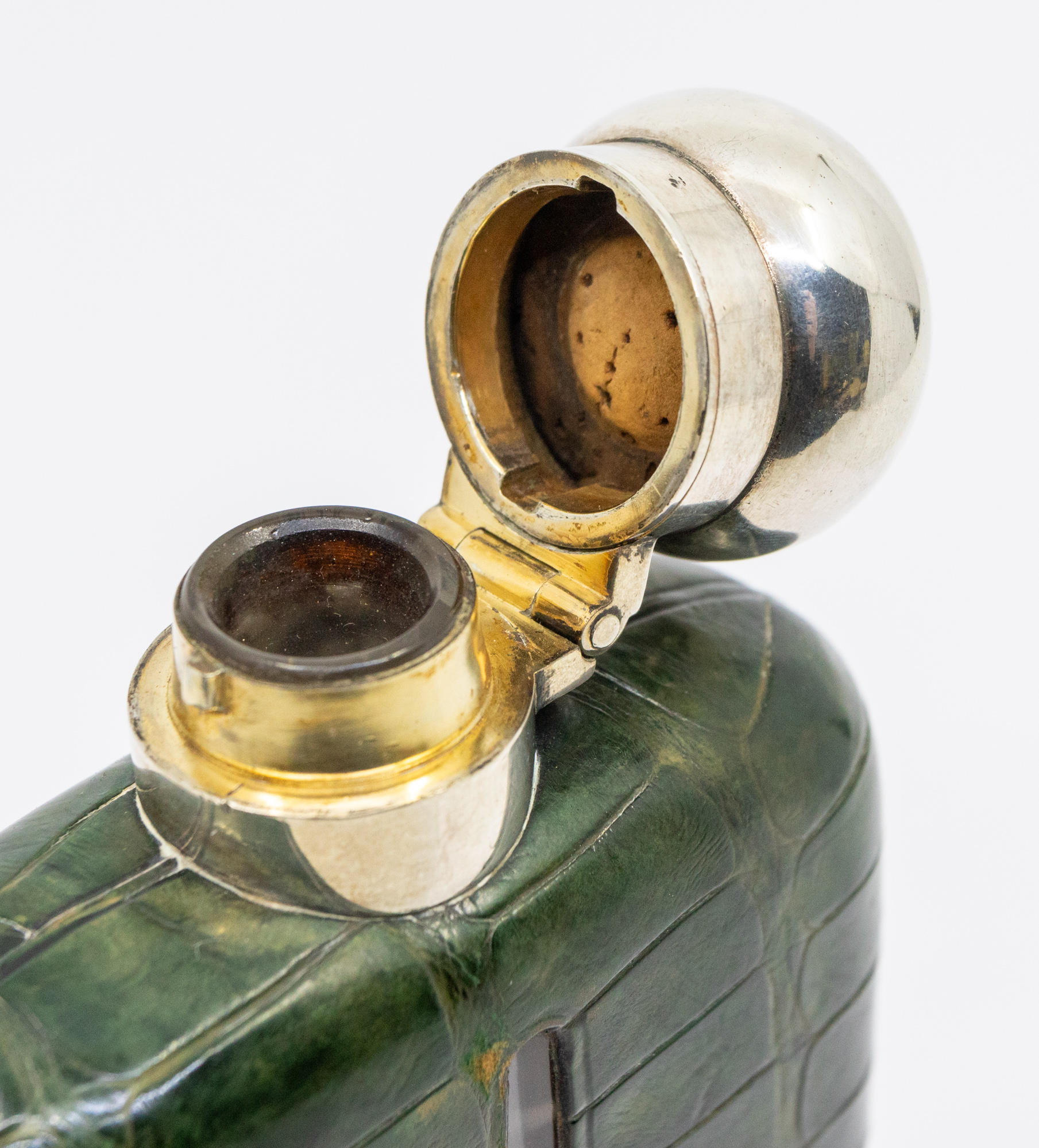 A 20th century silver plated hip flask with green crocodile skin leather surround and detachable - Image 3 of 3