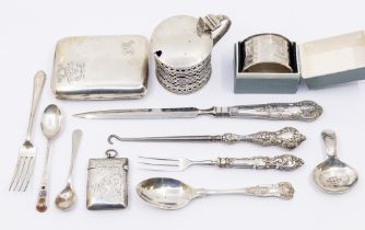 A collection of silver to include; a late Victorian pierced silver drum mustard pot, hinged cover,