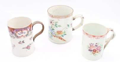 Three mid to late 19th century hand-painted handled tankards/drinking vessels to include calyx