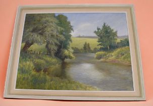 A George R Waterfield oil painting titled "On the Teme at Burrington" in frame. A Richard Blavey oil