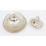 A Victorian silver and cut glass butter dish on stand, the silver detachable cover with finial to