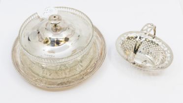 A Victorian silver and cut glass butter dish on stand, the silver detachable cover with finial to