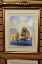 Two water colours of ships on water by D.Brindley in gilt frame.