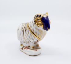 A Royal Crown Derby gold stopper Derby ram large paperweight.