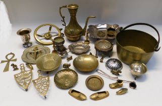 A collection of brass wares, ie jam pans, early 20th century North African fireplace trinkets,