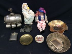 A mixed lot to include; A Savo Pewter Norwegian barrel shaped drinks vessel with figural shaped