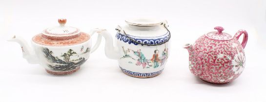 Three late 19th century Chinese export porcelain tea pots with marks to base, in different designs